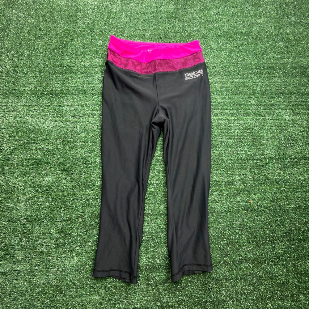 VTG Y2K Bebe Sport Womens Black Pink Rhinestone Mesh Waist Cropped Legging SMALL